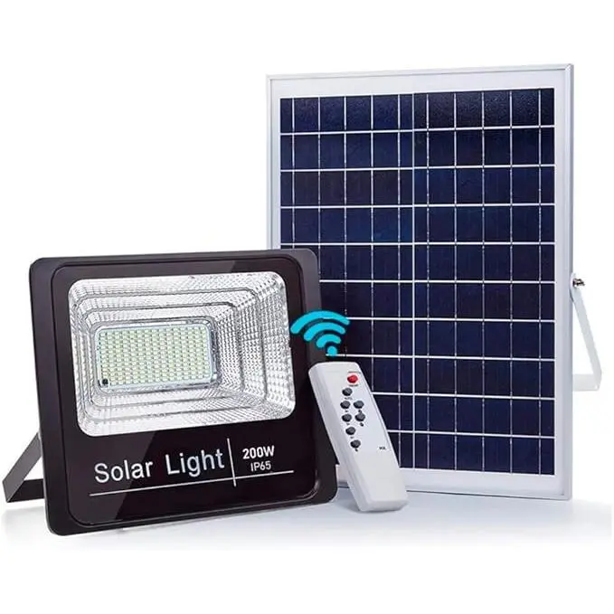 Foco Solar LED 200W con Panel Solar, Focos solares exterior regulable y Control Remoto, Autonomía de más de 10H, Luz Blanca Foco Solar LED de 200W para exteriores con panel solar, control remoto y autonomía de hasta 12 horas. Iluminación eficiente y - 1