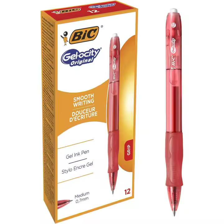 BIC Gel-ocity Original Bolígrafo de Gel Retráctil de Punta Media 0,7mm Rojo (Caja de 12 Uds.) - 1