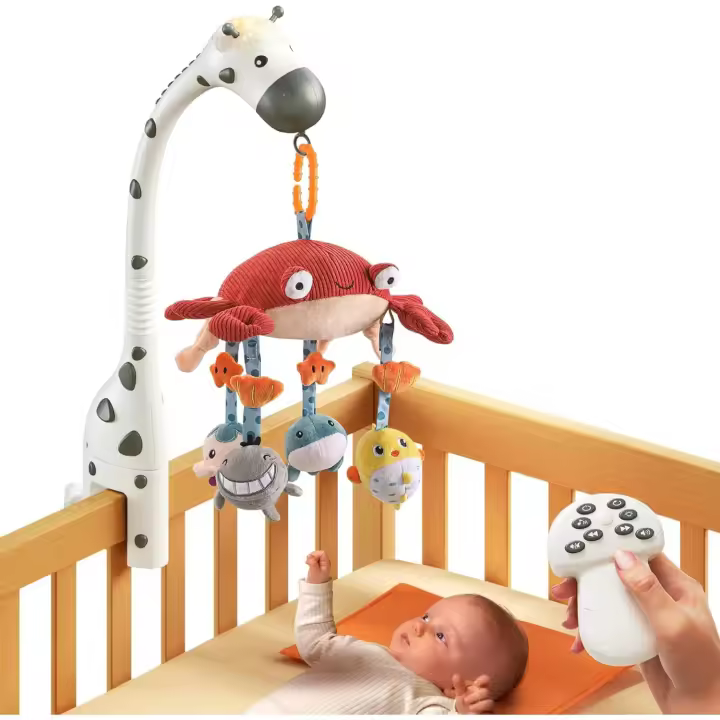 Cuna musical para bebé, móvil con control remoto y espejo, animales suaves, juguetes colgantes, luces, canción de cuna, proyector giratorio para dormir - 1
