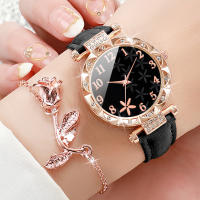 Reloj De Mujer De Cuero Con Dial De Flor 2PCS/set Reloj Analógico De Cuarzo Con Pulsera De Rosas Sin Caja Estilo Casual Y Moda - details 1
