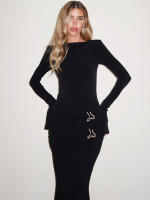 Vestido Maxi Dulzura Con Hombros Ajustados Manga Larga Y Volante Estilo Elegante Sólido Para Fiesta Y Club Polyester - details 10