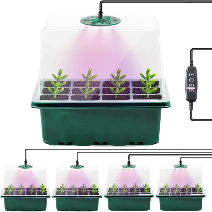 5 invernaderos con Luz Ultravioleta, Cajas de cultivo de invernadero, semilleros 5 bandejas, 60 compartimentos, mini enrejado, para plantas, con luz UV controlada por temporizador y ventilación cubierta, tipo C hembra - 1