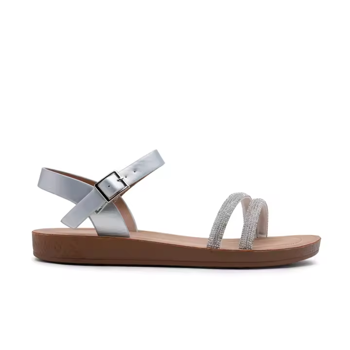 Sandalias Mujer planas con tiras de diamantes y correa con hebilla - 1