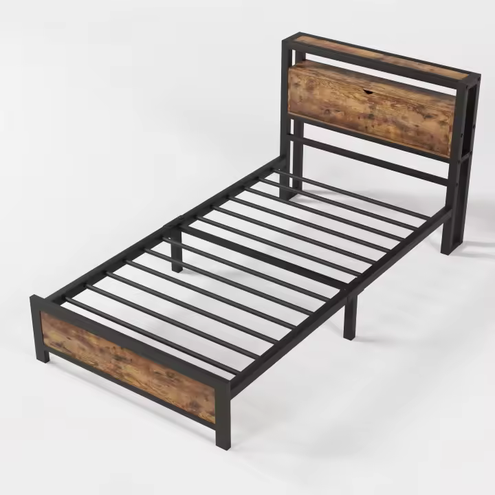 Cama individual 90x200 cm with cabecero de mantenimiento y somier de lámparas metálicas, Camas infantiles somieres Metálicos Adultos, Niños, adolescentes, Camas Industriales Negros - 1