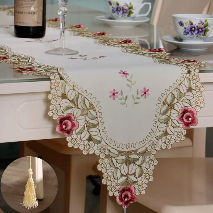 Caminos de mesa de 40 x 176 cm, lavable, para boda, té, decoración, mantel de malla hueca, flores bordadas, camino de mesa - 1