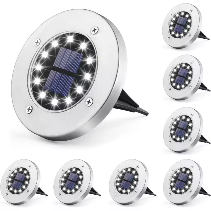 Luces solares para jardín al aire libre, luces de suelo de 12 LED, luces para exteriores impermeables IP65 con energía solar, luces de jardín de color blanco frío (paquete de 8) - 1