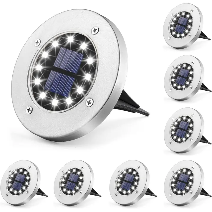 Luces solares para jardín al aire libre, luces de suelo de 12 LED, luces para exteriores impermeables IP65 con energía solar, luces de jardín de color blanco frío (paquete de 8) - 1