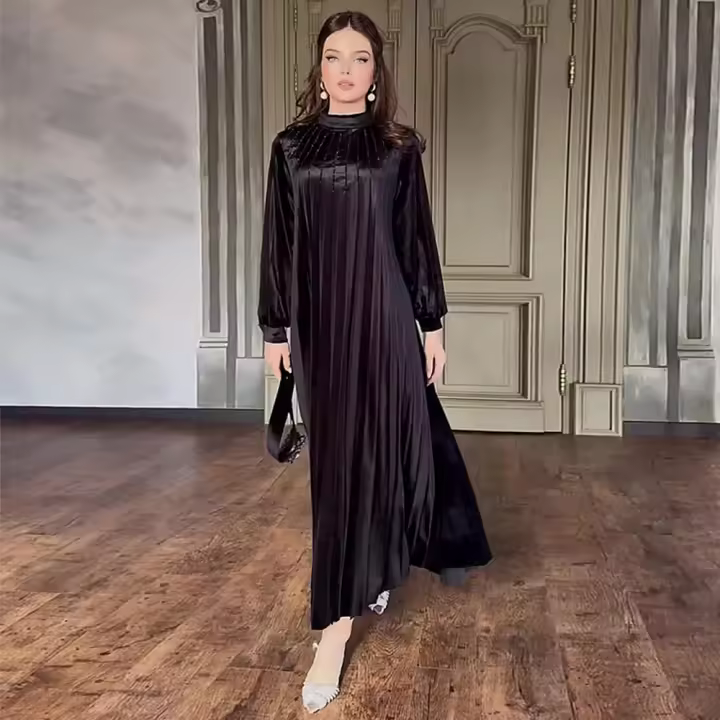 Vestido De Noche De Lujo 2024 Para Mujeres Elegantes Diseñador Invierno Velours Vestidos Con Cinturón Para Damas Del Medio Oriente A-Line Cuello En V Manga Regular Largo Hasta La Rodilla - 1