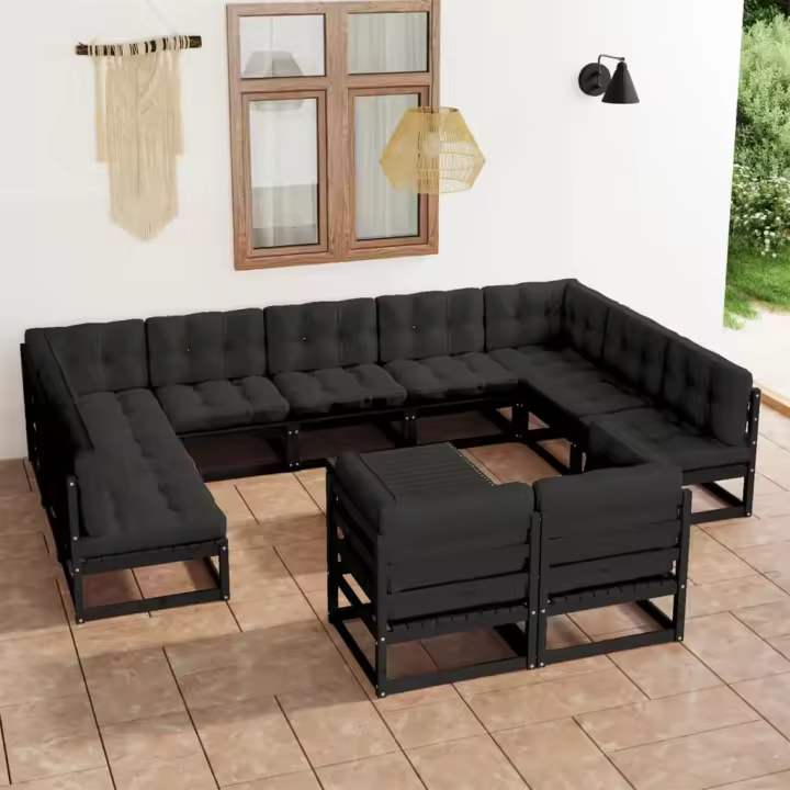 vidaXL Set de muebles de jardín 12 pzas con cojines madera pino negro - 1