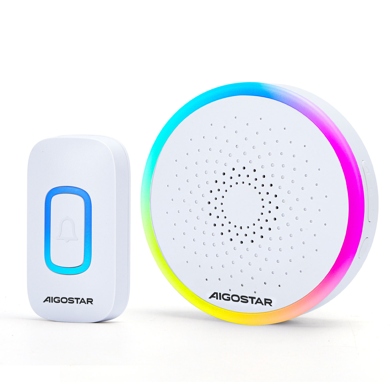 Aigostar Timbre Inalámbrico RGB, timbre inalámbrico exterior impermeable sin pilas, IP55, 5 Niveles de Volumen (0-120dB) y 60 Melodías, Timbre para Ancianos, Casa, Oficina