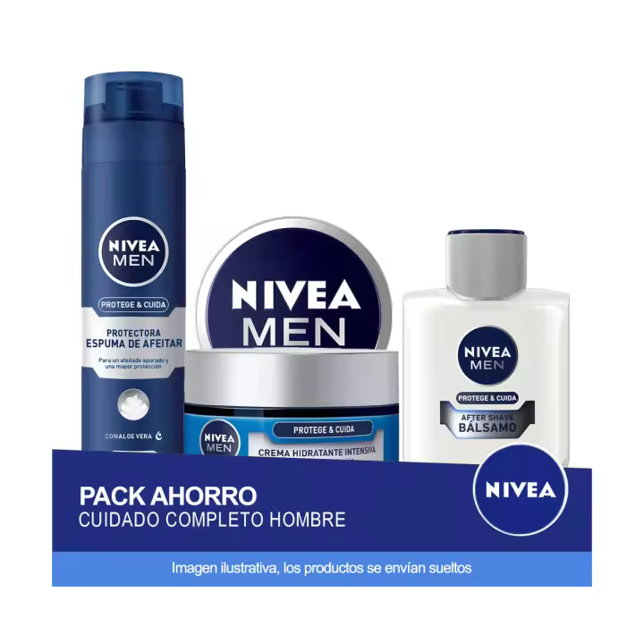 NIVEA MEN PACK Ahorro: Protege & Cuida Espuma de Afeitar Protectora 200ml +Protege & Cuida Crema Hidratante Intensiva +Protege & Cuida Bálsamo After Shave Hidratante + NIVEA MEN CREME - 1