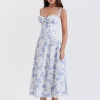 Vestido De Playa Para Mujer Con Estampado Floral Cuello Cuadrado Ajuste Frontal Y Abertura En Pierna Midi Polyester Sin Mangas Vestido De Noche - details 21
