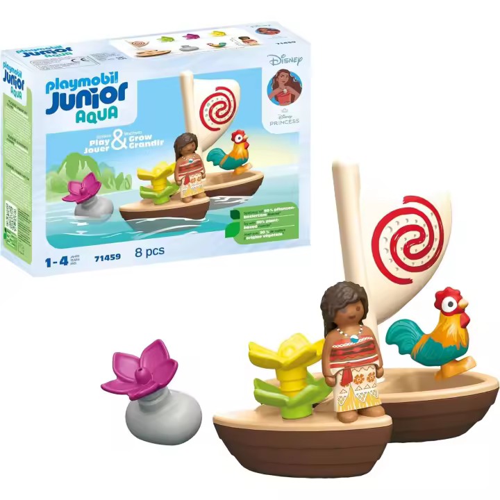 PLAYMOBIL Junior & Disney 71459 Catamarán de Vaiana, con Flores flotantes y un Gallo, Juguete sostenible Hecho de plásticos a Base de Plantas, Juguetes para niños y niñas a Partir de 1 año - 1