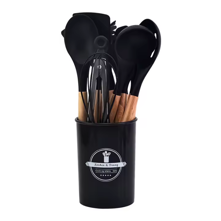 Set De 12 Utensilios De Cocina De Silicona Con Mango De Madera Y Cesta De Almacenamiento Resistente a Altas Temperaturas Y Antideslizante Incluye Espátula Y Cuchara - 1