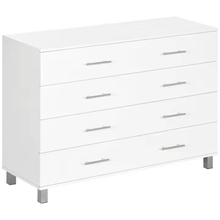 HOMCOM Cómoda con 4 Cajones Cómoda de Dormitorio de Madera con Patas Cómoda de Noche Moderno para Salón Oficina Entrada 112x38,2x81 cm Blanco - 1
