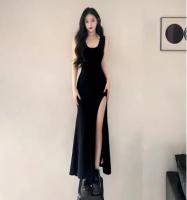 Vestido Maxi Elegante Negro Sin Mangas Con Abertura Lateral Alta Y Bodycon Para Fiesta De Noche Estilo Asimétrico Synthetique - details 0