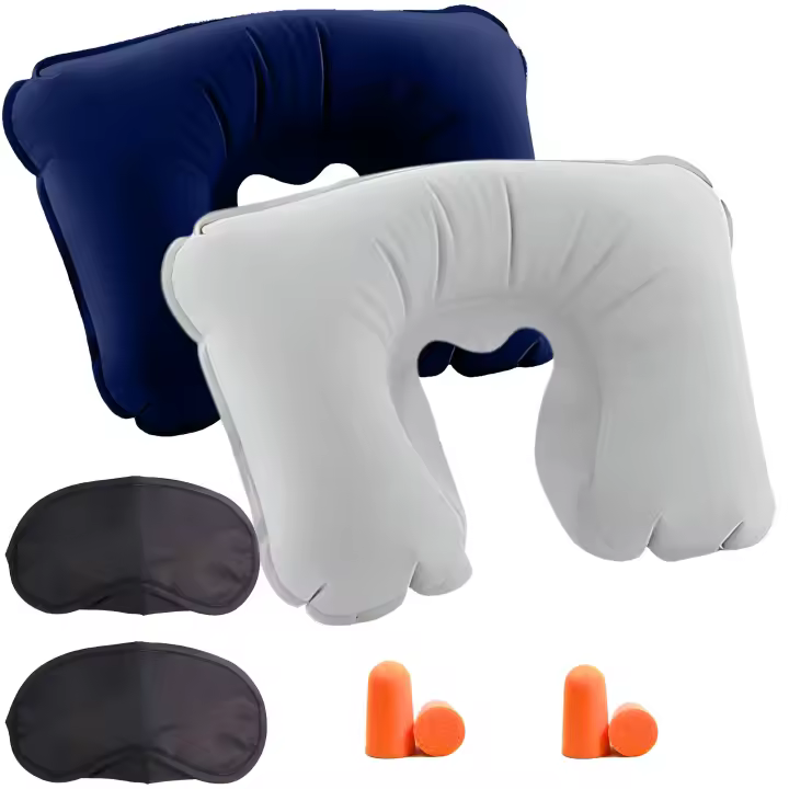 2 Kit Almohada Hinchable Viaje Cuello Avion - Cojin Inflable Cervical Avión para Viaje con Antifaz y Tapones - Collarin Cervical Inflable Cervicales y Reposa Cuello - Cojín Dormir - Travel - 1