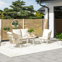 Outsunny Conjunto de Jardín Exterior de Ratán Sintético de 4 Piezas Muebles de Jardín Exterior con Sofá de 2 Plazas 2 Sillones 1 Mesa de Centro de Metal con Cojines Crema y Natural - details 1
