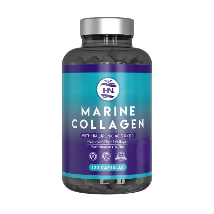 HN - Healthy Nutrition, Colageno Marino Hidrolizado Puro con Acido Hialuronico con Magnesio y Vitamina C - Coéncima Q10, Magnesio y Zinc   120 Caps - Marine Collagen, Colágeno Marino con Acido Hialurónico (1 Bote (120 Caps) - 1