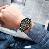 Reloj De Pulsera De Lujo Para Hombre Plata Acero Inoxidable Cuarzo Calendario Luminoso Cuero Negro Estilo Casual Y Negocios - details 6