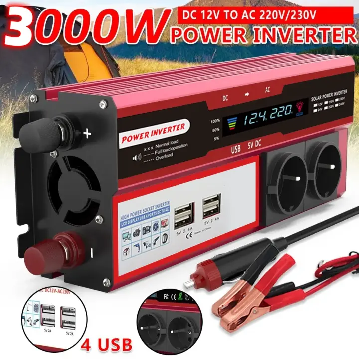 Inversor de corriente de 4000W y 3000W, transformador de CC de 12V a ca de 220V y 230V con 4 puertos USB de carga de la UE con pantalla LED para teléfono RV y coche - 1