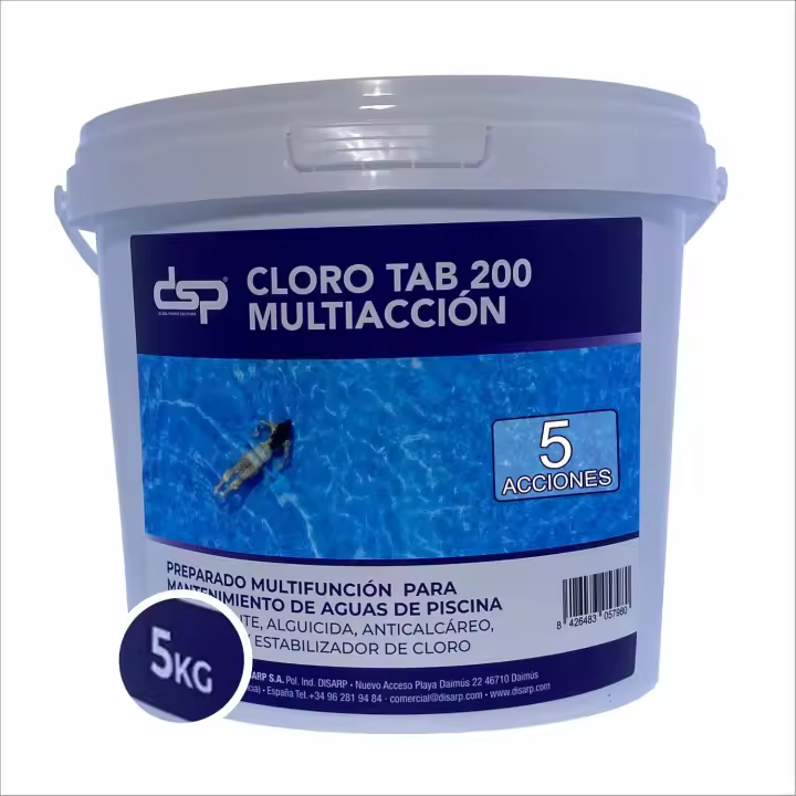 Wonduu Cloro Profesional DSP para Piscinas - 5 KG (25 Pastillas de 200 g) - Tratamiento Multiacción 5 Efectos - Cloro Lento para Piscinas y Spas - Desinfectante, Algicida, Bactericida, Floculante - 1