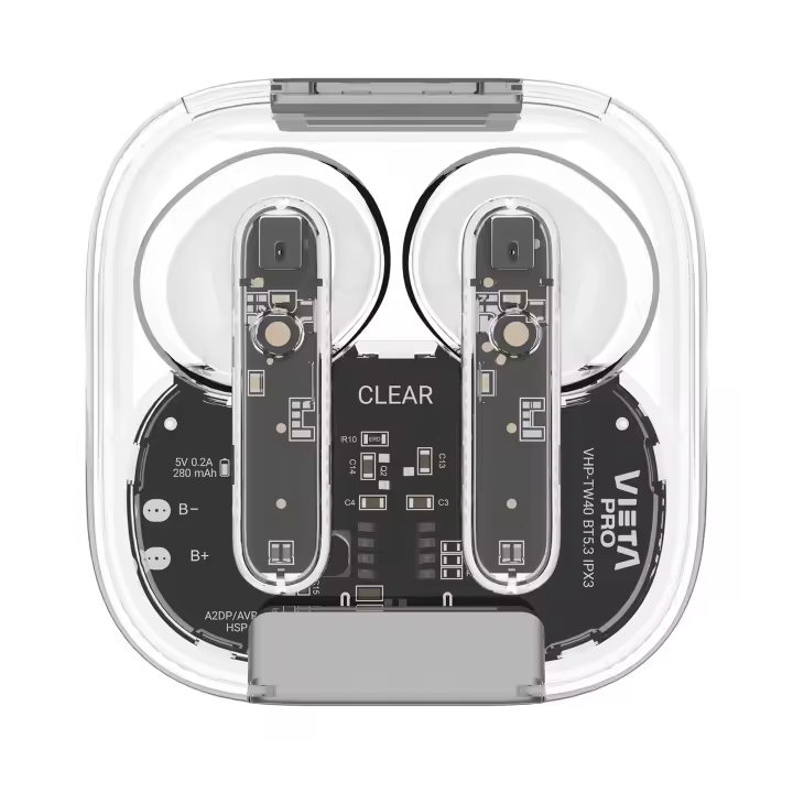 Vieta Pro Clear | Auriculares Inalámbricos con Bluetooth 5.3, Control Táctil y Manos Libres. Cascos con Micrófono y Batería Larga Duración 16h. Auriculares de Botón con Caja de Carga - 1