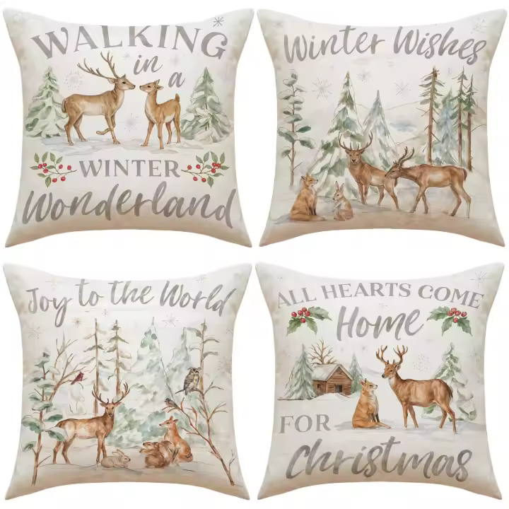 Juego de 4 fundas de almohada de alces de Navidad, cojines de sofá festivos para la decoración casera del día de Navidad - 1