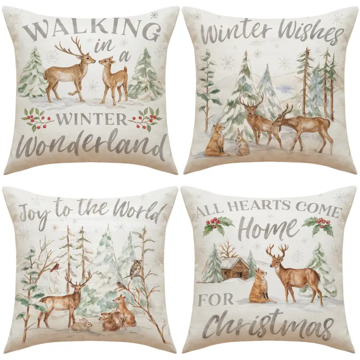 Juego de 4 fundas de almohada de Alces de Navidad, fundas de sofá festivos para la decoración del día de Navidad - 1