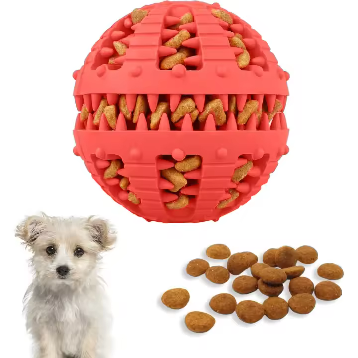 Pelota de juguete para perros, juguete para la dentición, juguete para perros pequeños, medianos y grandes, para limpiar los dientes, juguete para entrenar el coeficiente intelectual (pequeño, 5 cm, rojo) - 1