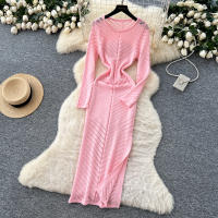Vestido Largo Vintage De Cintura Alta REALEFT Para Mujer Con Cuello Redondo Manga Larga Y Abertura Lateral Vestido De Encaje Tricotado - details 12