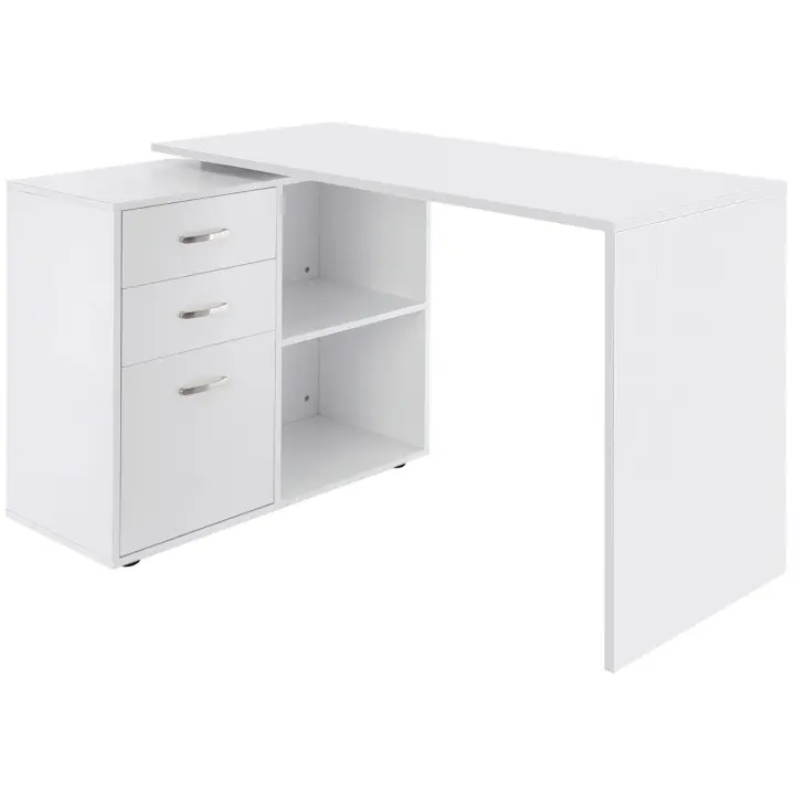HOMCOM Mesa de Ordenador Escritorio Mesa Esquinera Oficina 2 Formas con 2 Estantes 3 Cajones Mesa de Despacho Escuela Estudio Madera Blanco - 1