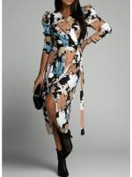 Vestido De Mujer Moda Cuello En V Manga Larga Estampado Cintura Ajustable Falda Asimétrica Abertura Frontal Largo Hasta El Tobillo Para Banquete Y Reuniones - details 2