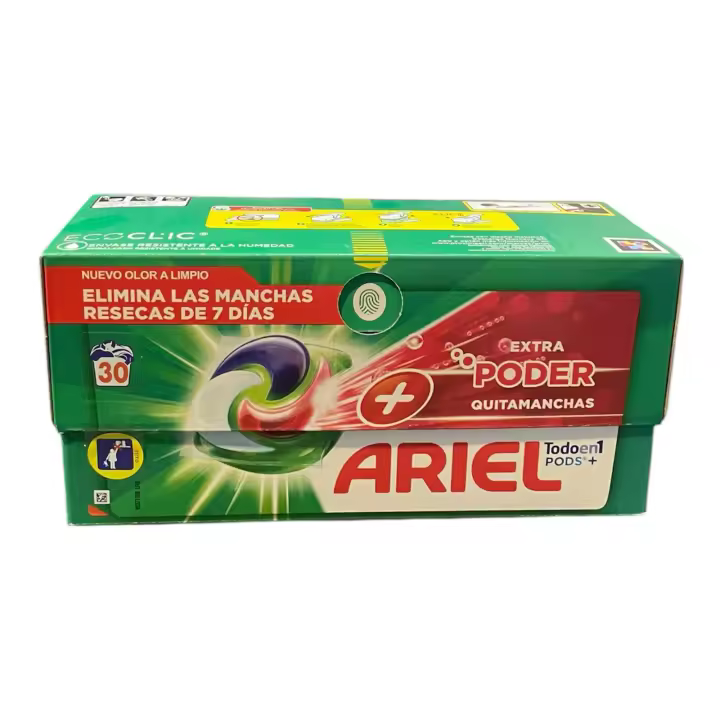 Ariel Todo En Uno PODS, Detergente Líquido Para Lavadora 30 Cápsulas + Poder Extra Quitamanchas Lavados, Limpieza Profunda + Eliminación De Manchas Adicional - 1