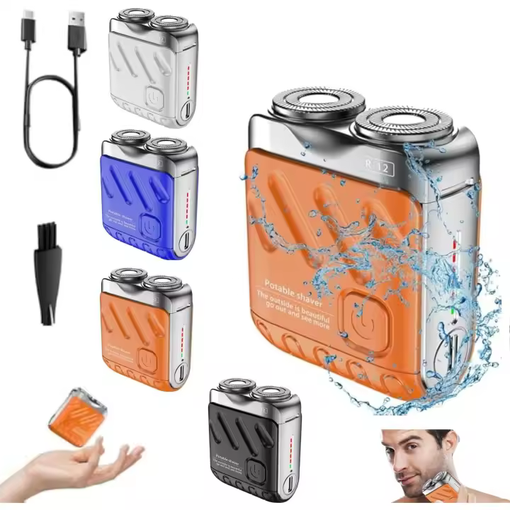 Mini afeitadora R12, afeitadora de barba para hombre, mini afeitadora eléctrica portátil, recargable por USB, con un solo botón, de larga duración, ideal para viajes en casa (azul) - 1
