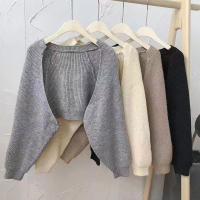 Cardigan De Mujer Elegante De Color Sólido Con Manga Larga Tejido En Nudo Chal Ultra Corto Para Otoño Chaqueta Moda Cuello Mandarín Ajuste Regular - details 1