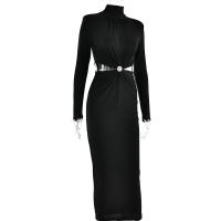 Vestido Largo Elegante Para Mujer Con Cuello Alto Y Manga Larga Efecto De Hollow out Adecuado Para Club Fiesta Noche Otoño Invierno Slim Fit Polyester - details 16