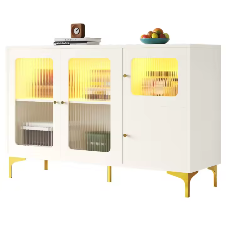 Aparador Blanco Moderno y minimalist (140x40x90 cm), Diseño de Puerta de Vidrio Changhong, Luz Ambiente Cálida integrada, with detalles decorativos de metal y Amplio Espacio de almacenamiento, ajustado para comedor - 1