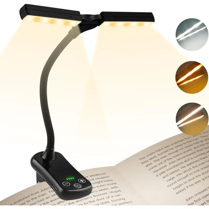Lámpara de lectura de doble cabezal con 14 LED, recargable por USB, con clip, flexible de 360°, 3 colores y atenuación continua, hasta 80 h, portátil para leer y viajar [Clase energética A] - 1