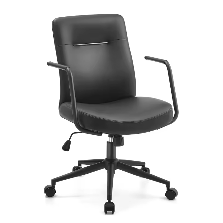 SONGMICS Silla de Oficina Giratoria, Silla de Ordenador, Superficie de PU Fácil de Limpiar, Altura Ajustable, Cómodo Respaldo y Asiento Curvo, Carga de 150 kg, Negro Tinta/Gris Paloma/Rosa Pastel/Beige Capuchino - 1