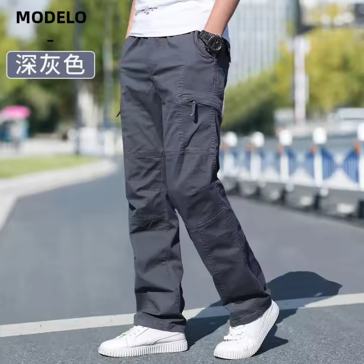 Nuevos Pantalones De Cargo Para Hombre Suelto Recto Oversize Ropa Sólida Gris Versátil Para Trabajo Negro Joggers Algodón Casual Trousers - 1