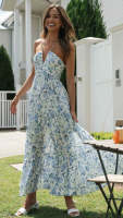 Vestido Maxi Bohemio De Verano Para Mujer En Chiffon Floral Sin Mangas Cuello En V A-Line Largo Con Espalda Descubierta Y Volante - details 10