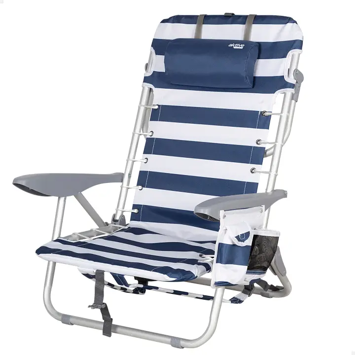 Aktive - Silla de playa plegable con respaldo reclinable 4 posiciones, 50x45x76 cm, fabricada de aluminio y poliéster, con cojín, bolsillo lateral y mochila, máx. 110 kg, sillas de playa, sillas plegables, accesorios verano - 1