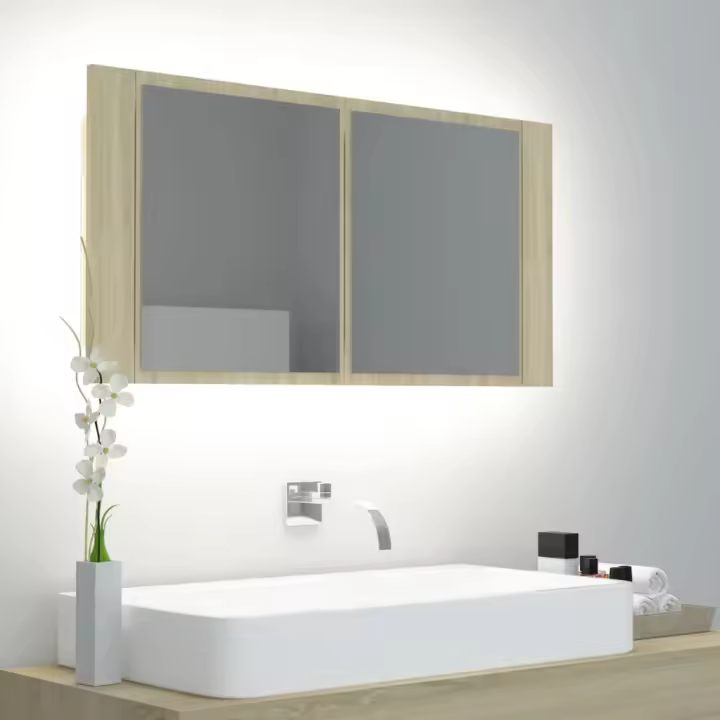 vidaXL Armario espejo de baño LED acrílico roble Sonoma 90x12x45 cm - 1