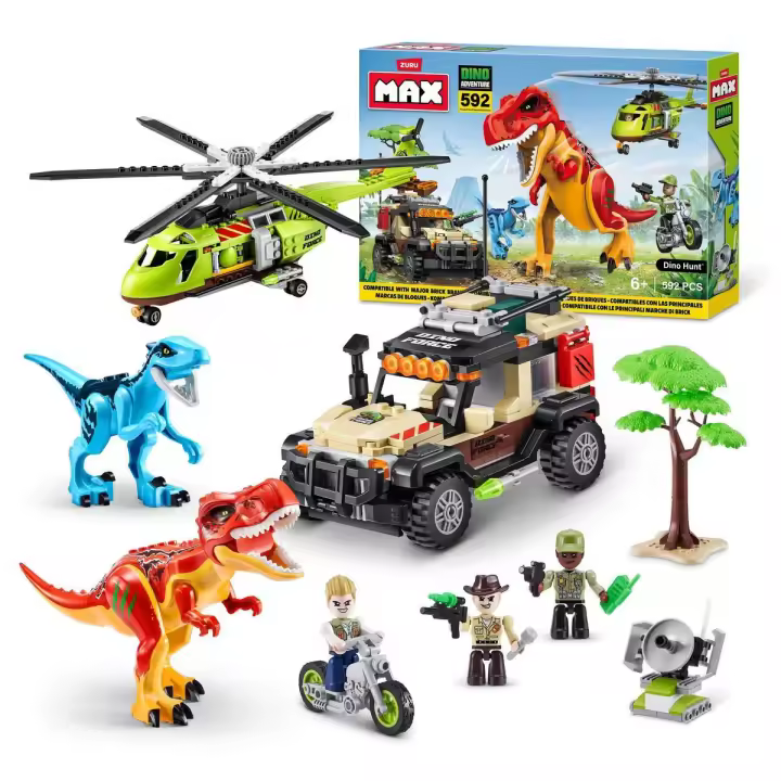 MAX - Set Aventura Jurásico. Con 592 Bloques de Construcción Compatibles de Dino Adventure  ¡Construye tu Mundo Prehistórico con Dinosaurios, Helicópteros y Mucho Más! - 1