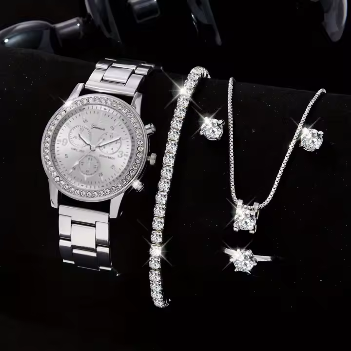 Set De 6 Piezas Reloj De Lujo Para Mujer Con Anillo Collar Y Pendientes De Strass Moda Casual Reloj De Pulsera Para Damas - 1