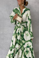 Vestido Largo A-Line Para Mujer Con Mangas Acumuladas Estampado Floral Verde V-Neck Cierre De Cordón Casual Verano Sin Ajuste Especial - details 5
