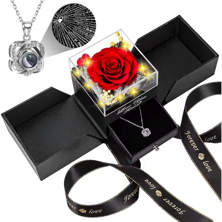 Rosa Real Roja Preservada with Corazón Te Amo Collar-Flores Eternas Rosa Regalos de Cumpleaños para Mujeres on Mamá Espovia Novia Abuela en San Valentín Día DE LA Madre Navidad Aniversario Romántico-Rojo - 1