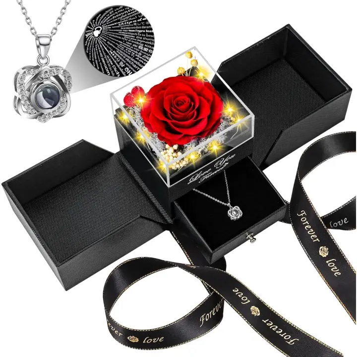 Rosa Real Roja Preservada with Corazón Te Amo Collar-Flores Eternas Rosa Regalos de Cumpleaños para Mujeres on Mamá Espovia Novia Abuela en San Valentín Día DE LA Madre Navidad Aniversario Romántico-Rojo - 1