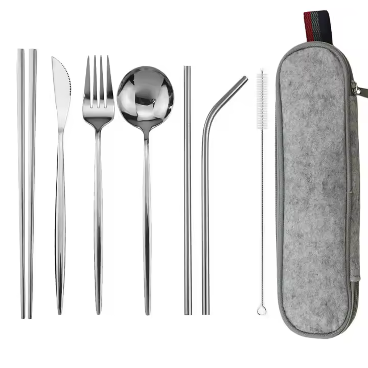 Juego De Comedor Portátil Para Viajes Y Senderismo Con Bolsa Cuchillo Tenedor Cuchara Palillos De Acero Inoxidable Reutilizable Color Plata - 1